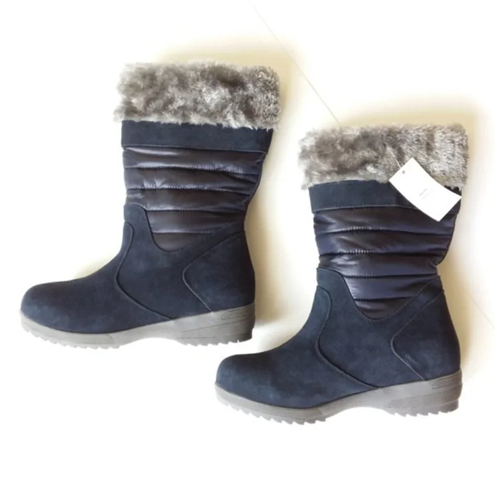 Lands' End Wide Width Faux Fur Topped Boots Pull-on Navy 7.5D